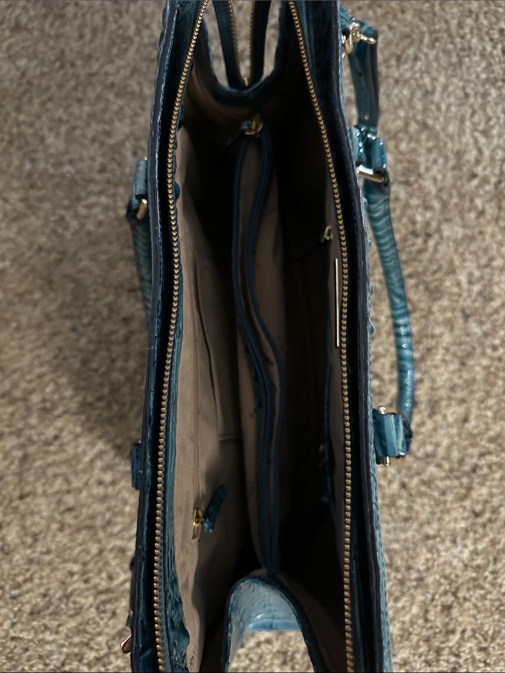 Brahmin Teal Croc-Embossed Satchel with Gold Hardware